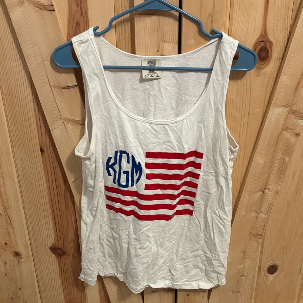 Comfort Colors White Tank Top with Red and Blue Flag Design